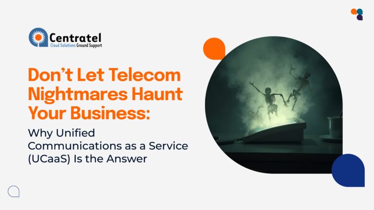 Centratel blog – Don’t Let Telecom Nightmares Haunt Your Business (1) Skeletons emerging from a landline phone in green fog, with headline text: Don’t Let Telecom Nightmares Haunt Your Business: Why Unified Communications as a Service (UCaaS) Is the Answer.