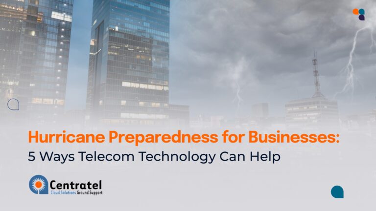 A promotional graphic features the headline "Hurricane Preparedness for Businesses: 5 Ways Telecom Technology Can Help" against a backdrop of city skyscrapers under a stormy sky with lightning. The image emphasizes business disaster preparedness and the importance of telecom tools for backup and disaster recovery during hurricanes.